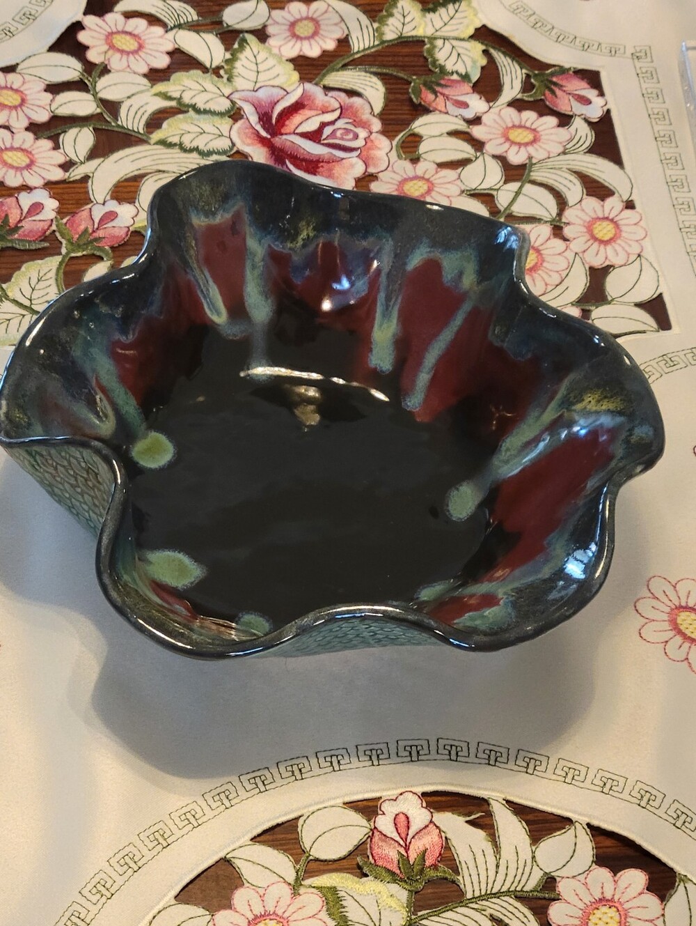 Handcrafted Vintage Art Pottery Fluted Bowl - Black, Red & Green Glaze. Sighed.